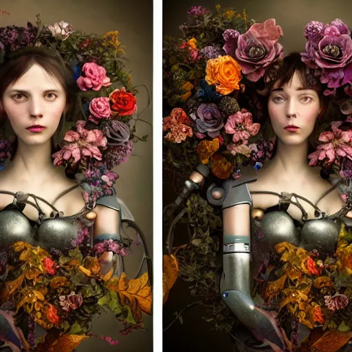 Image similar to a beautiful intricate fine art portrait photo of a farewell moment between a mechanical industrial steampunk cybernetic robot and a human overgrown with colorful flowers and leaves by tom bagshaw and zach sutton, golden ratio composition, studio lighting, 50mm lens, very detailed, bionic, cybernetic scifi, deep depth of field, artstation, 8K, highly coherent