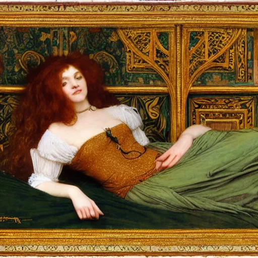 Image similar to preraphaelite photography reclining on bed, a hybrid of judy garland and a hybrid of madame de stael and eleanor of aquitaine, aged 2 5, big brown fringe, yellow ochre ornate medieval dress, john william waterhouse, kilian eng, rosetti, john everett millais, william holman hunt, william morris, 4 k