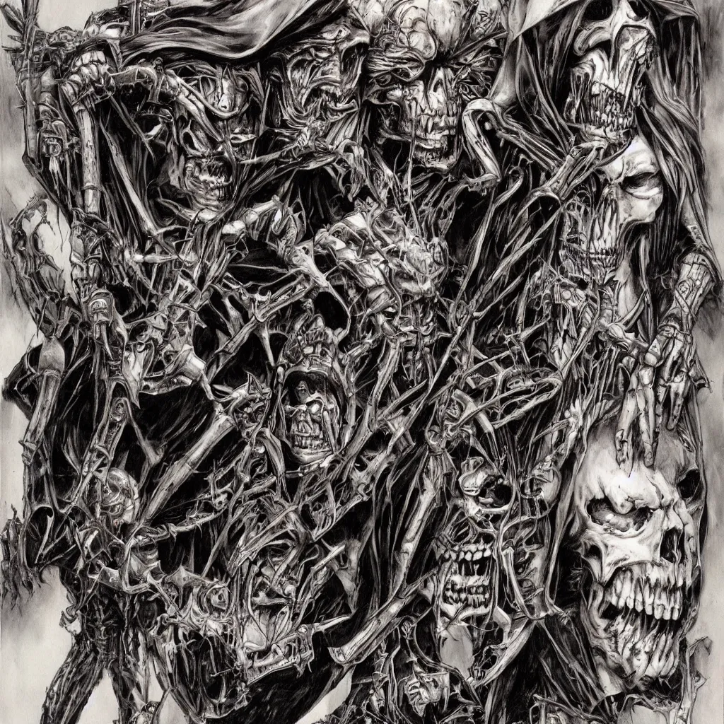 Image similar to judge death and vic rattlehead by simon bisley and h.r. giger