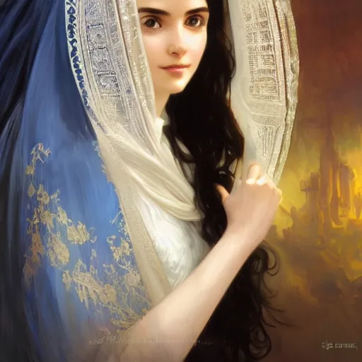 Image similar to ameera al taweel, bright blue eyes, long wavy black hair, white veil, front , highly detailed, digital painting, artstation, concept art, smooth, sharp focus, illustration, ArtStation, art by artgerm and greg rutkowski and alphonse mucha and Edmund Blair Leighton