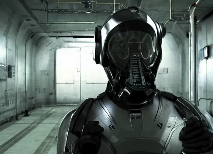 Image similar to film still of Brian Cranston as Gordan Freeman in an underground lab facility wearing a black HEV suit in the Half Life Movie, 4k