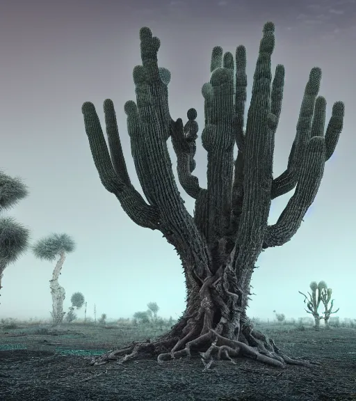 Image similar to surreal theory of tree of snakes, futuristic ancient tree in the desert, foggy sky, dark night, a little bit of patchy cactus, octane render, unreal engine, pale colors, high detail, 8 k, wide angle, trending on artstation, behance