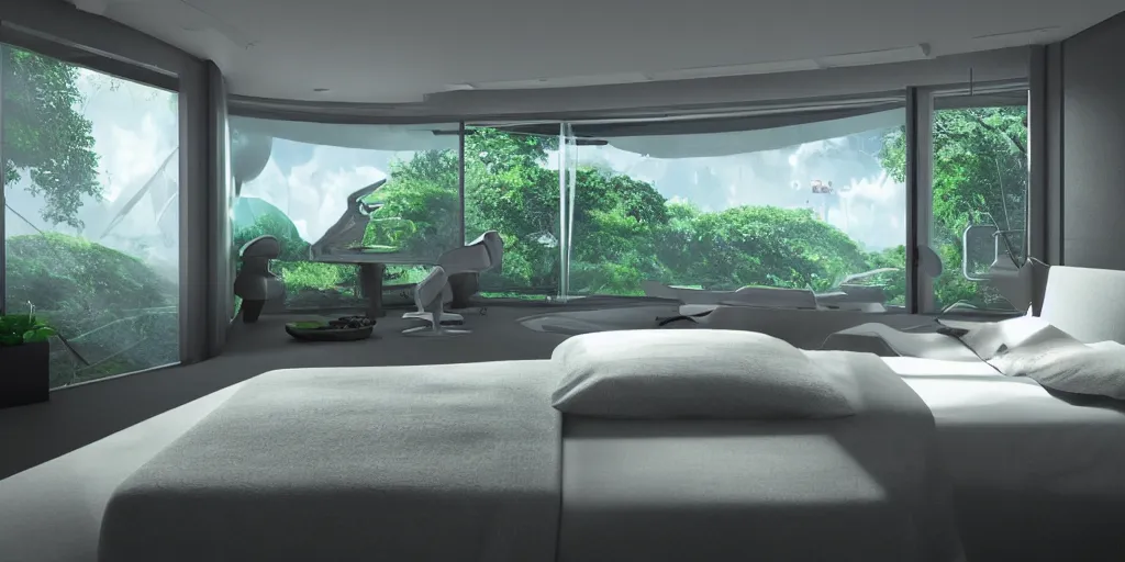 Prompt: a futuristic bed in the foreground of a futuristic minimalistic room with a huge window overlooking an lush green verdant alien planet, photorealistic, cinematic, octane render by oblivion movie thom tenery and dieter rams