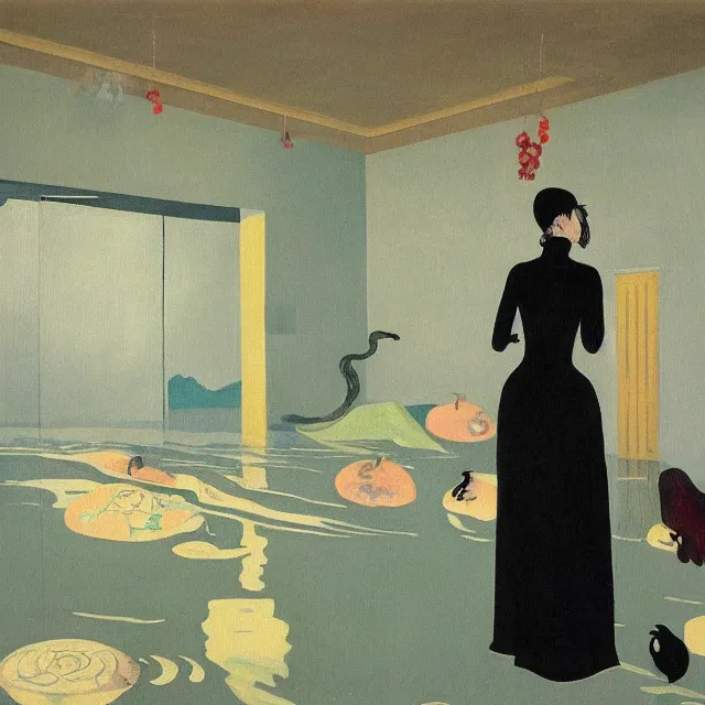 Image similar to tall female emo artist in her flooded apartment, water gushing from ceiling, painting of flood waters inside an artist's home, a river flooding indoors, pomegranates, pigs, ikebana, zen, water, octopus, river, rapids, waterfall, black swans, canoe, berries, acrylic on canvas, surrealist, by magritte and monet