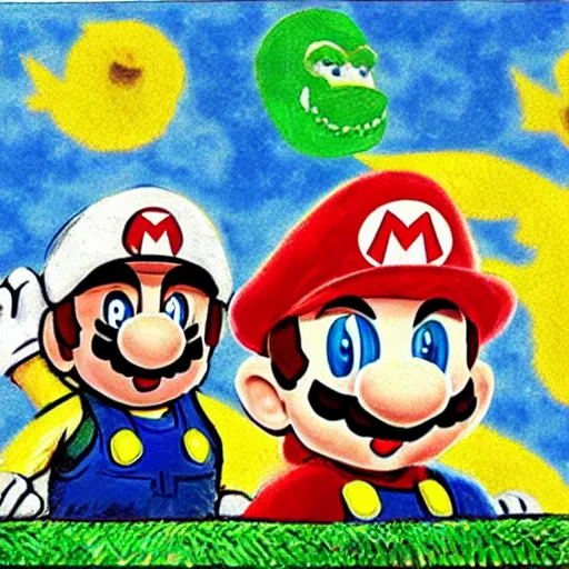 Prompt: highly detailed Super Mario Brothers under sky, by Van Gogh