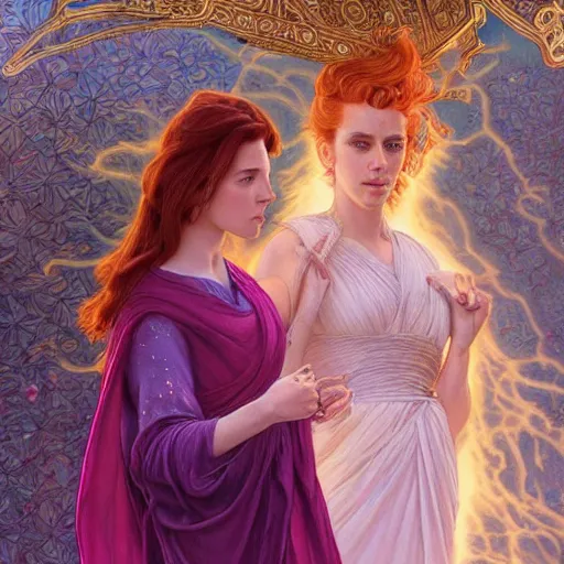 Image similar to a highly detailed byzantine painting of scarlett johansson and emma watson as red haired queens walking through a waterfall in a gossamer purple dress, epic fantasy, stormy night, viewed in profile from far away, ultrawide lens, art by artgerm and greg rutkowski and alphonse mucha, volumetric lighting, 4 k resolution, trending on artstation, masterpiece