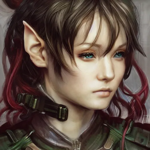 Prompt: portrait of an elf girl by ayami kojima, she is about 2 0 years old, mixture between british and japanese and she is wearing a modern tactical gear, scifi, highly detailed portrait, digital painting, artstation, concept art, smooth, sharp foccus ilustration, artstation hq