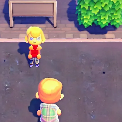 Prompt: screenshot of carjacking on skid row in animal crossing