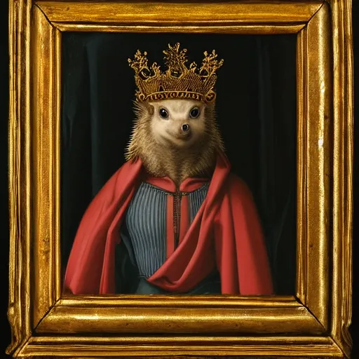 Image similar to a renaissance style portrait of a hedgehog king wearing a crown and a cape, dark background