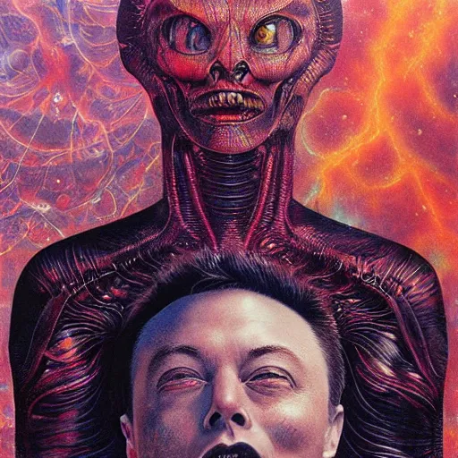 Image similar to UHD photorealistic Elon Musk as an alien from dimension x, by Ayami Kojima, Amano, Karol Bak, Mark Brooks, tonalism, rich deep colors. Beksinski painting, art by Adrian Ghenie and Gerhard Richter. art by Takato Yamamoto. masterpiece