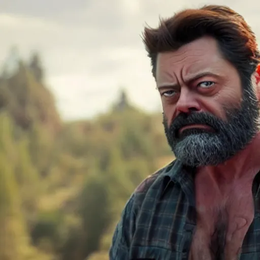 Image similar to logan wolverine with claws off his wrist as nick offerman, photorealistic mervel movie still, detailed, 8 k