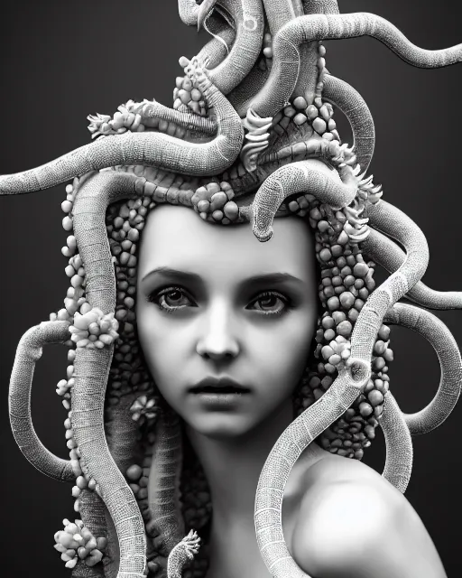 Image similar to mythical dreamy underwater artistic black and white 3 d render of a translucent beautiful young female angelic - medusa - vegetal - doll, highly detailed, intricate crystal ivy jelly ornate, poetic, translucent algae ornate, digital art, octane render, 8 k artistic photography, photo - realistic, hg giger flora borsi