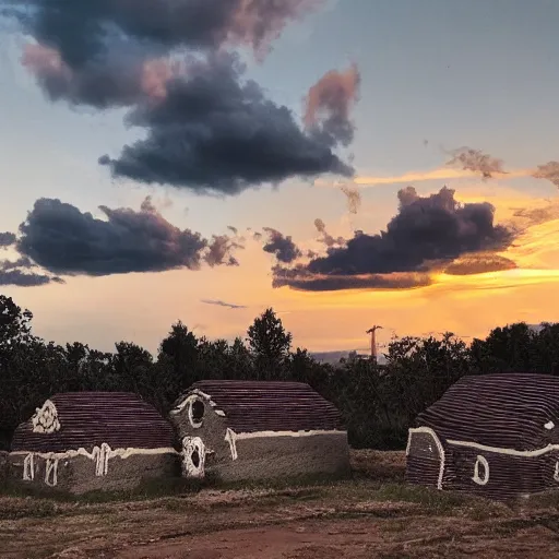 Image similar to houses made of clay, vaponpunk, sunset, 8k, soft light, ray tracing, wet ground