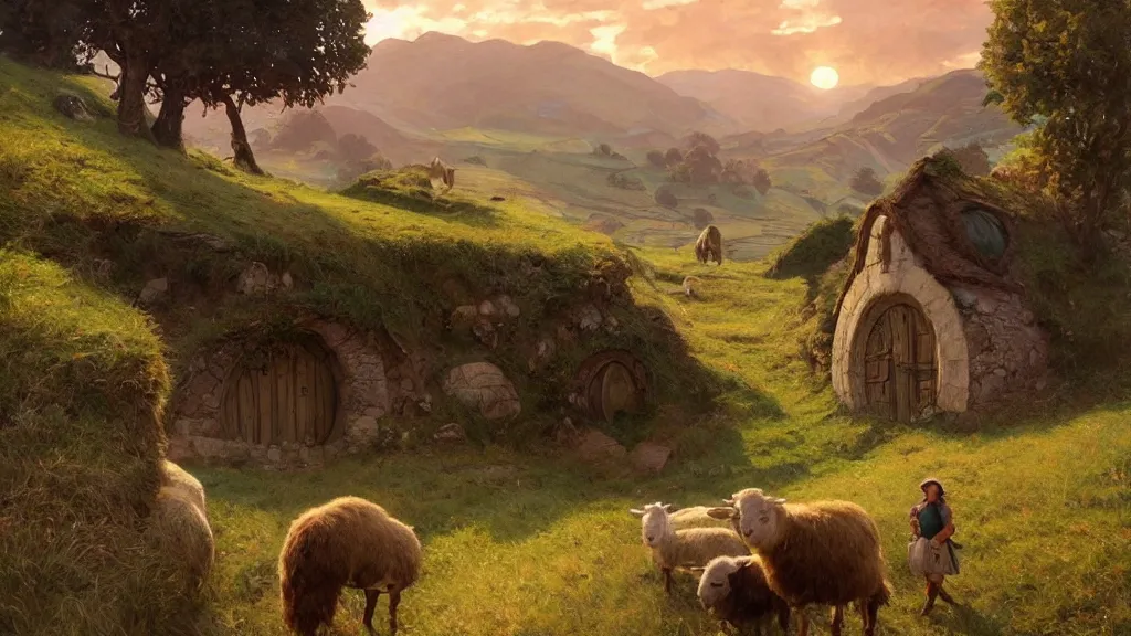 Prompt: a beautiful painting of hills in the shire with round hobbit doors and windows in them, with a young hobbit shepherd driving fat sheep, at sunrise, intricate, elegant, highly detailed, digital painting, artstation, concept art, by krenz cushart and artem demura and alphonse mucha