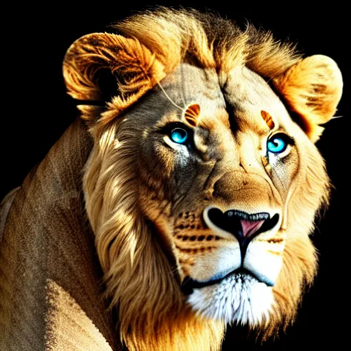 Prompt: lion with glowing blue eyes with a black background, realistic