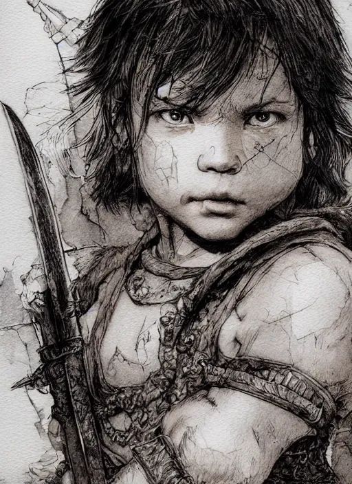 Image similar to portrait, A toddler barbarian, watercolor, dramatic lighting, cinematic, establishing shot, extremely high detail, foto realistic, cinematic lighting, pen and ink, intricate line drawings, by Yoshitaka Amano, Ruan Jia, Kentaro Miura, Artgerm, post processed, concept art, artstation, matte painting, style by eddie mendoza, raphael lacoste, alex ross