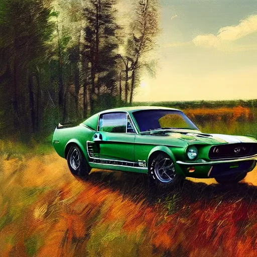 Image similar to green 1967 Ford Mustang GT, Swedish countryside, freedom, dawn, beautiful blonde woman, atmospheric, wlop, artstation, painting by Vladimir Volegov