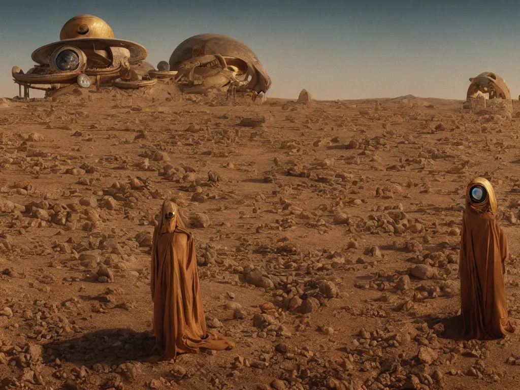 Prompt: glowing bene gesserit in full - face golden mask in a dry rocky desert landscape with abandoned city beneath the sand and giant alien spaceship in the sky attacks the earth, giant mirrors by christopher doyle and alejandro jodorowsky, anamorphic lens, kodakchrome, cinematic composition, very detailed photo, 8 k,