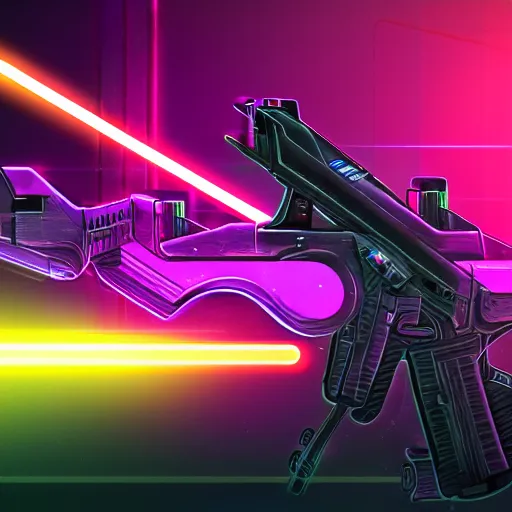 Image similar to laser pulse rifle, future outlined by whirling illuminated neon lines, outrun, vaporware, shaded flat illustration, digital art, trending on artstation, highly detailed, fine detail, intricate