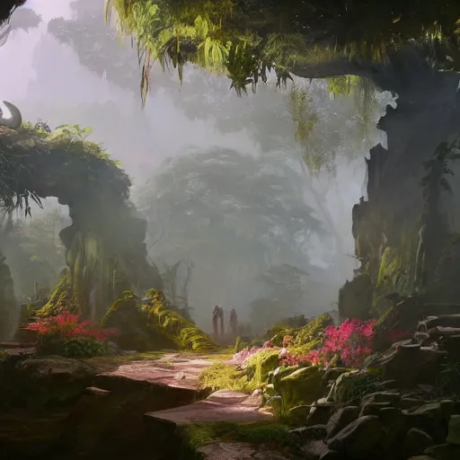 Image similar to concept art of a jungle path with a huge overgrown stone statues, religious, in the style of fenghua zhong and ruan jia and jeremy lipking and peter mohrbacher, mystical colors, rim light, beautiful lighting, 8 k, stunning scene, raytracing, octane, trending on artstation