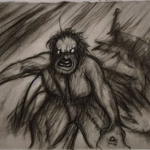 Prompt: The Thing 1982, concept art, Arthur Rackham, charcoal sketch