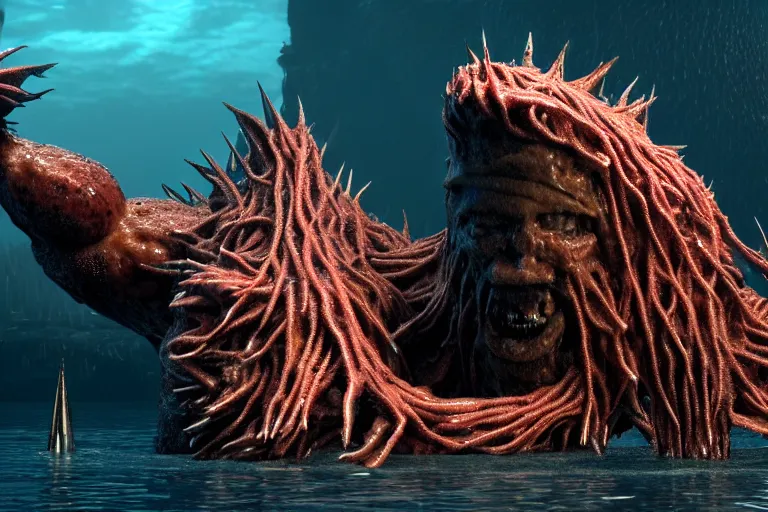 Image similar to huge bulky water creature made out of a humanoid nervous system with large meaty spikes all over the body, cinematic, volumetric lighting, f 8 aperture, cinematic eastman 5 3 8 4 film, photorealistic