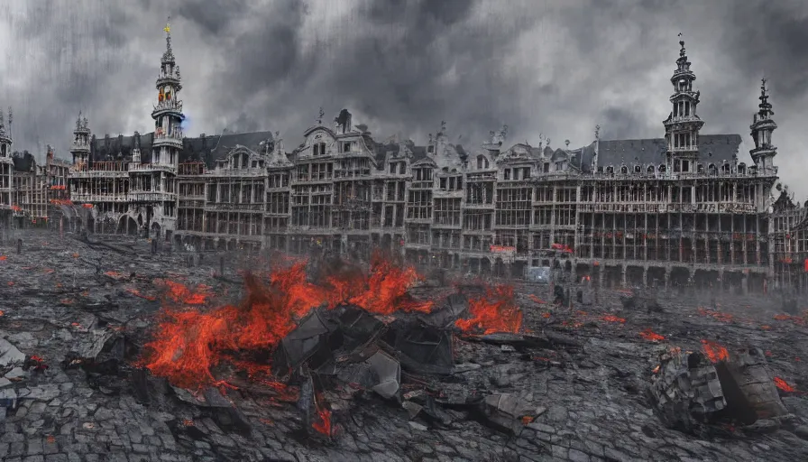 Image similar to destroyed grand place, brussels with fire and debris, grey sky, hyperdetailed, artstation, cgsociety, 8 k