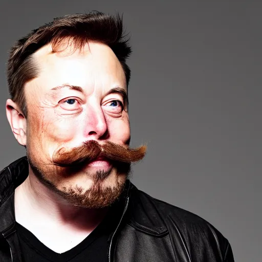 Image similar to elon musk with long mustache and epic beard, 5 0 mm, studio lighting