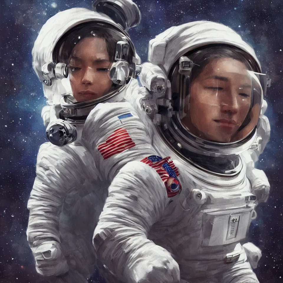 Image similar to an album cover of a detailed portrait of an astronaut wearing headphones art by joon ahn, cinematic, epic composition, hd, digital painting, digital art, concept art, illustration, comic art, stylized, masterpiece, award - winning