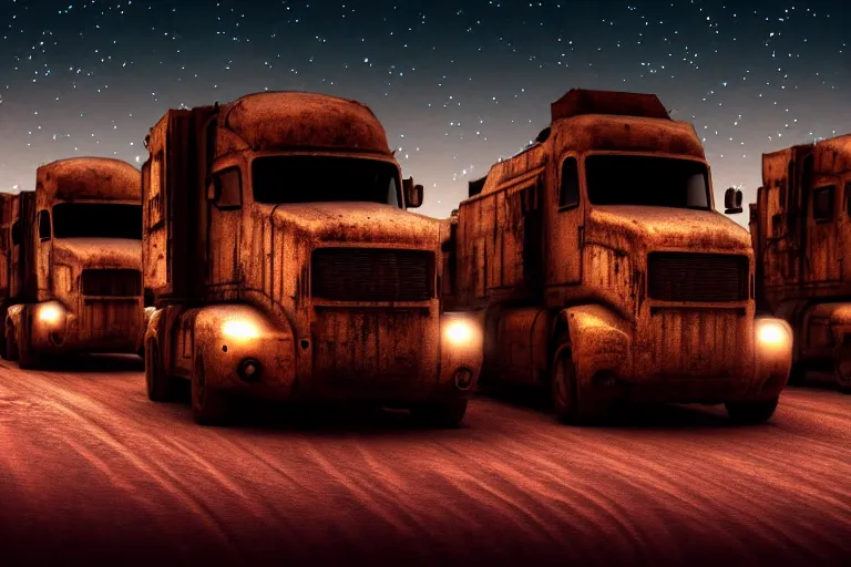 Image similar to photo of a convoy of cyberpunk vehicles moving through a star lit desert, dystopian, grimy, rusted