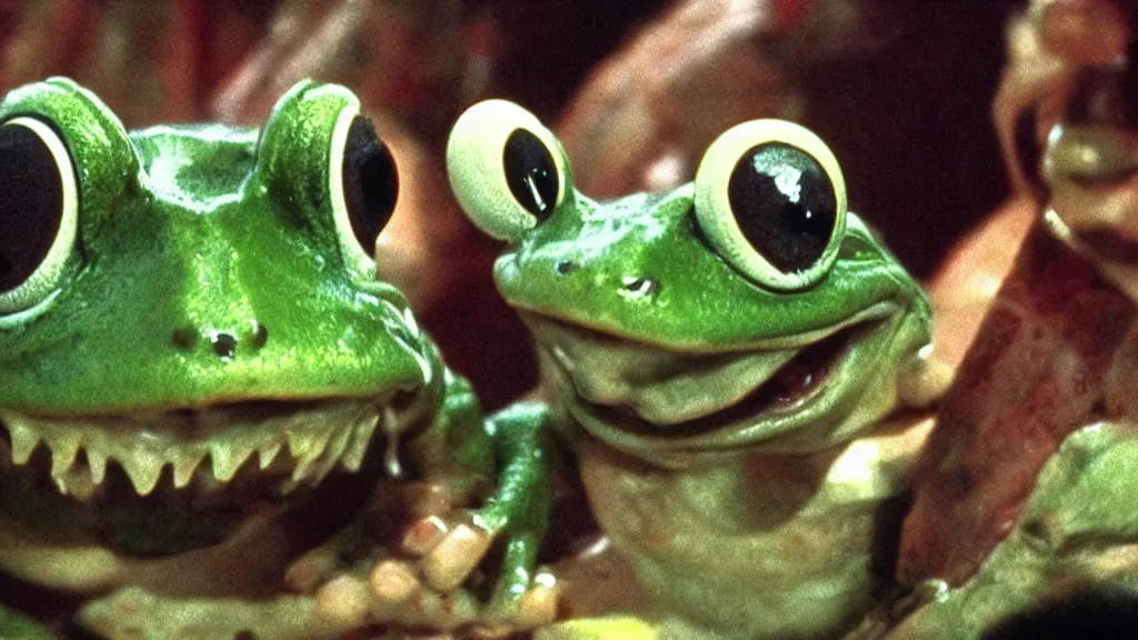 Prompt: A single anthropomorphic frog with a mouth full of sharp teeth laughing maniacally, a satanic ritual, by John Carpenter. Movie screenshot directed by Stephen Spielberg, and cinematography by Roger Deakins. Shot from a low angle. Cinematic.