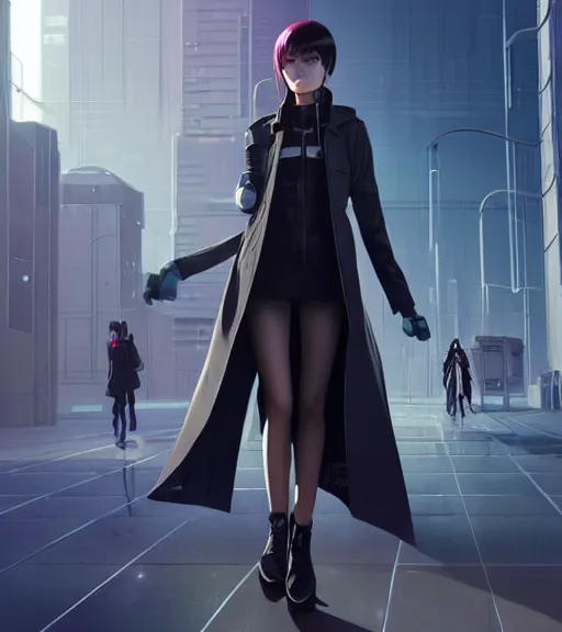 Prompt: realistic render of a cyborg - girl wearing a long trench coat by ross draws, futuristic dystopian city by ilya kuvshinov, digital anime art by ross tran, composition by sana takeda, lighting by greg rutkowski