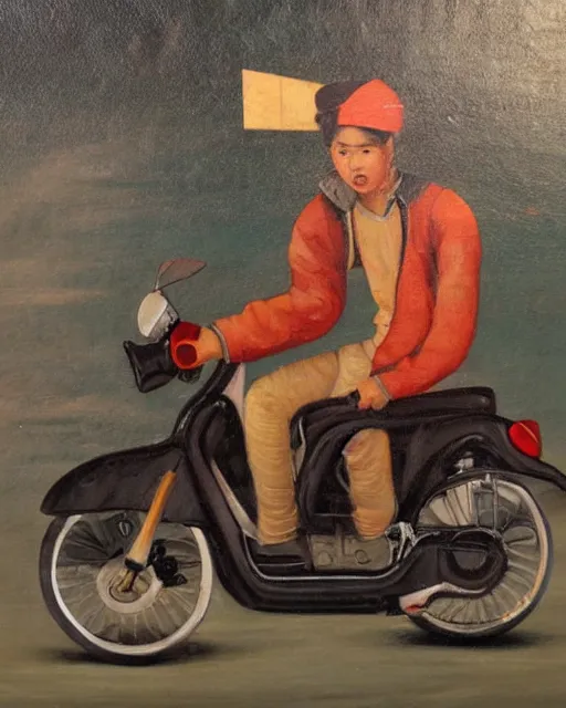 Image similar to asian school boy riding moped, aged oil painting by le pho