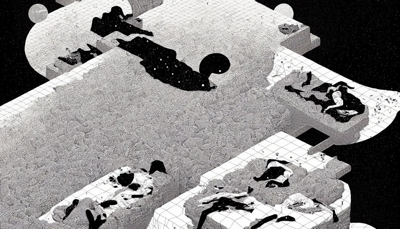 Prompt: laying in bed by nicolas delort, moebius, victo ngai, josan gonzalez, kilian eng