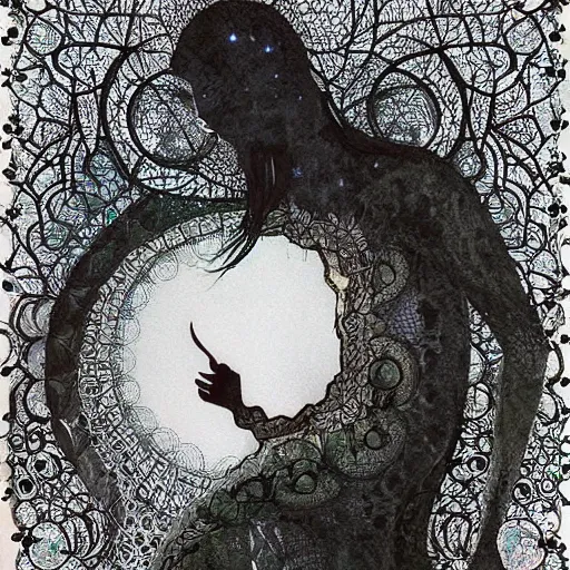 Image similar to looking at the full moon, transparent soul leaving the body, filigree, lace, art by loish, dave mckean