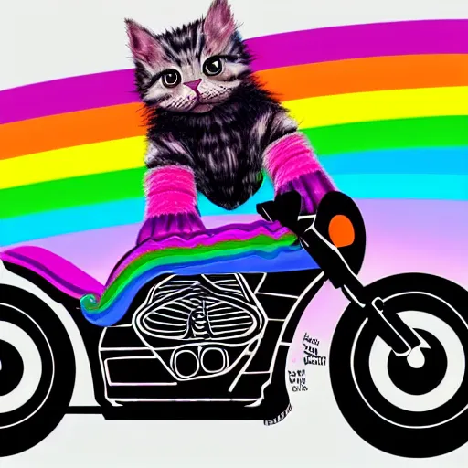 Image similar to wide angle full body, jacket wearing fluffy cute rainbow kitten wearing a black leather motorcycle jacket, riding on a motorcycle, cinematic concept art