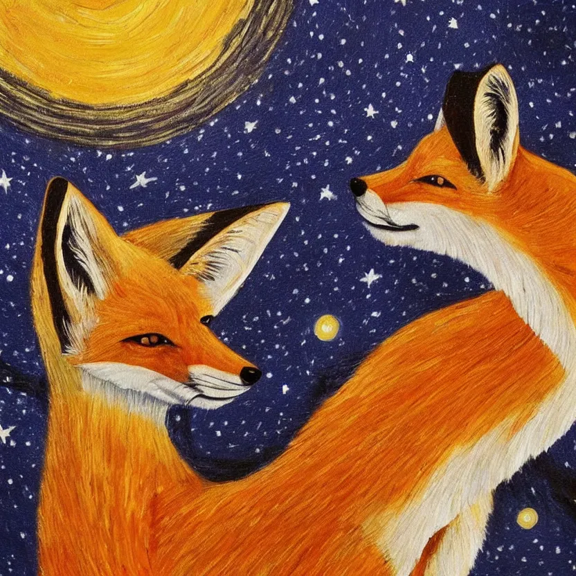 Image similar to a painting of a fox looking up at the stars in the style of Starry Night, highly detailed,