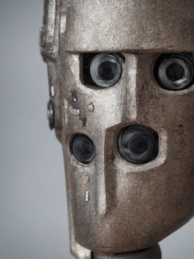 Image similar to closeup of a peaceful friendly cyberpunk rustic robot head, sigma 55mm f/8