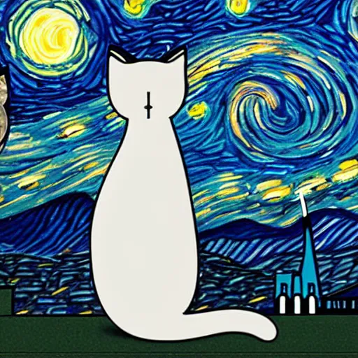 Prompt: back of Cats staring at the moon a starry night style