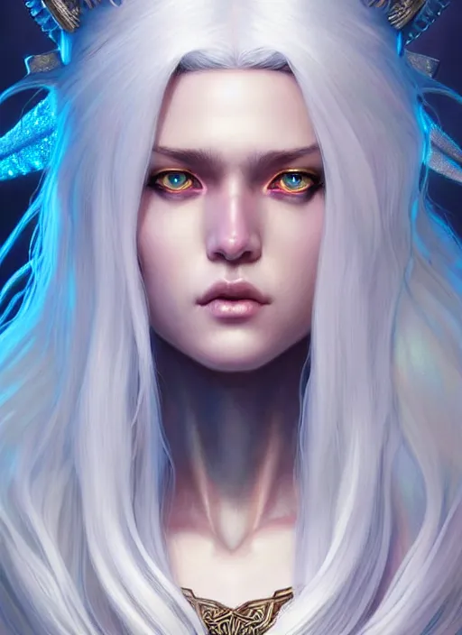 Prompt: iridescent armor!!! long wild white hair!! covered chest!!! fantasy, d & d, intricate ornate details, digital painting, pretty face!!, symmetry, concept art, sharp focus, illustration, art by artgerm! greg rutkowski magali villeneuve wlop! ilya kuvshinov!!, octane render