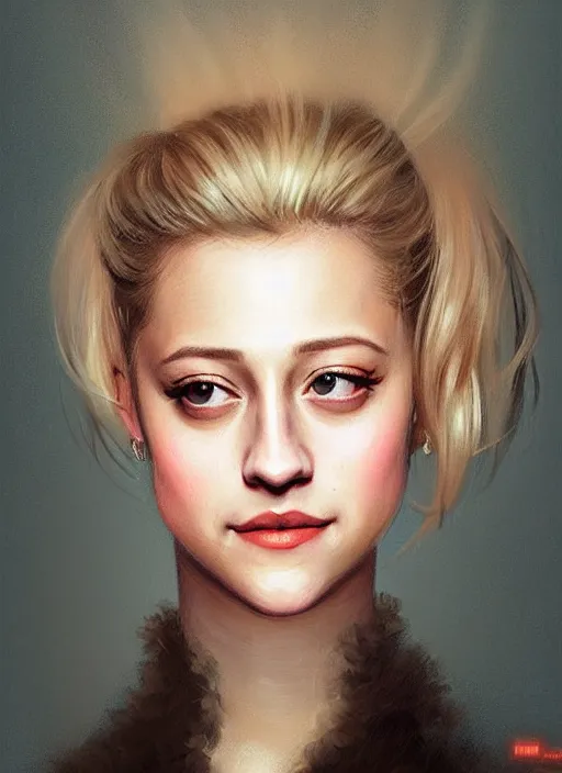 Prompt: portrait of lili reinhart with fluffy bangs, smiling kindly, bangs, 1 9 6 0 s, ponytail, fluffy bangs and ponytail, intricate, elegant, glowing lights, highly detailed, digital painting, artstation, concept art, smooth, sharp focus, illustration, art by wlop, mars ravelo and greg rutkowski