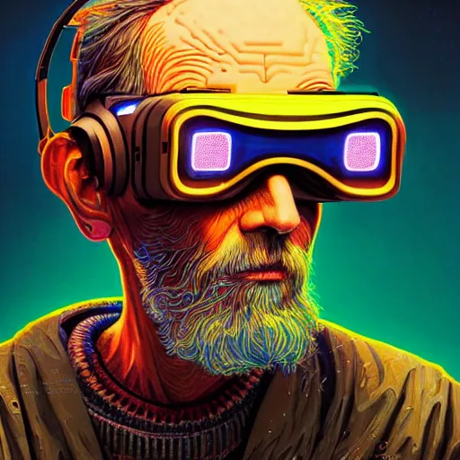 Image similar to Colour Photography of 1000 years old man with highly detailed 1000 years old face wearing higly detailed cyberpunk VR Headset designed by Josan Gonzalez Many details. . In style of Josan Gonzalez and Mike Winkelmann andgreg rutkowski and alphonse muchaand Caspar David Friedrich and Stephen Hickman and James Gurney and Hiromasa Ogura and Minecraft. Rendered in Blender