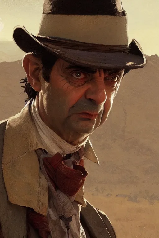 Prompt: mr bean as a character in a scene from red dead redemption, artstation, concept art, smooth, sharp focus, illustration, art by and greg rutkowski and alphonse mucha