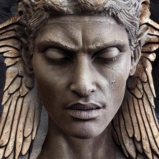 Prompt: photo taken of an epic intricate, ultra detailed, super realistic gritty, terrifying, lifelike sculpture of a biblical correct winged angel design created by weta workshop, zoomed in shots, photorealistic, sharp focus, cold colour temperature, f 0. 4, face centred