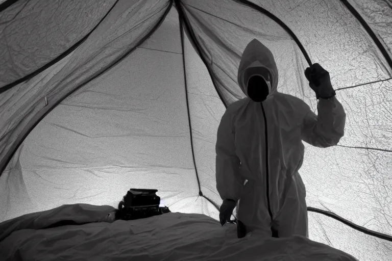 Image similar to man wearing hazmat suit in clean tent. by Roger Deakins