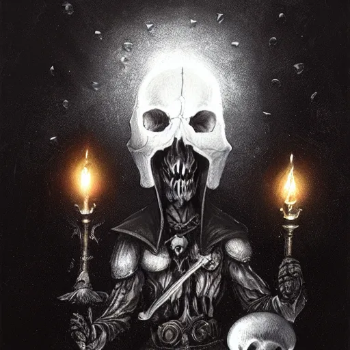 Image similar to black void chalice, longsword, skull, small white mushrooms, light from above, seb mckinnon