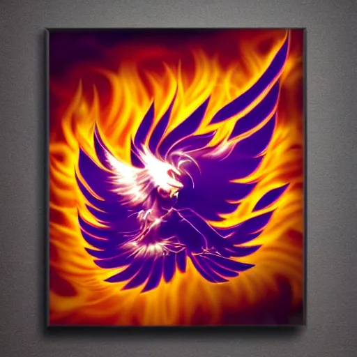 Image similar to white phoenix on flames orange purple background stylised poster art