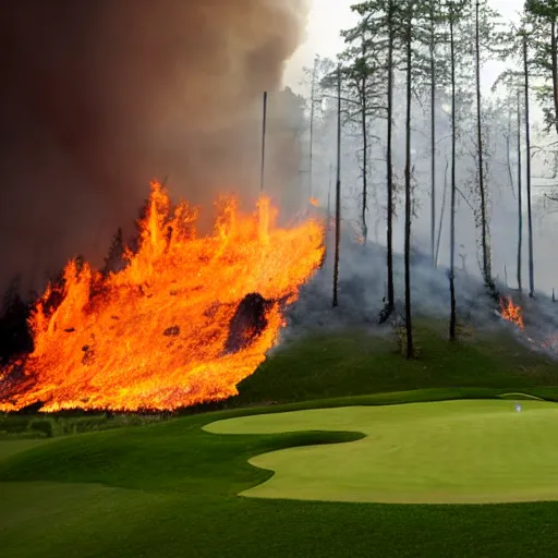 Image similar to lush golf course surrounded by forests on fire