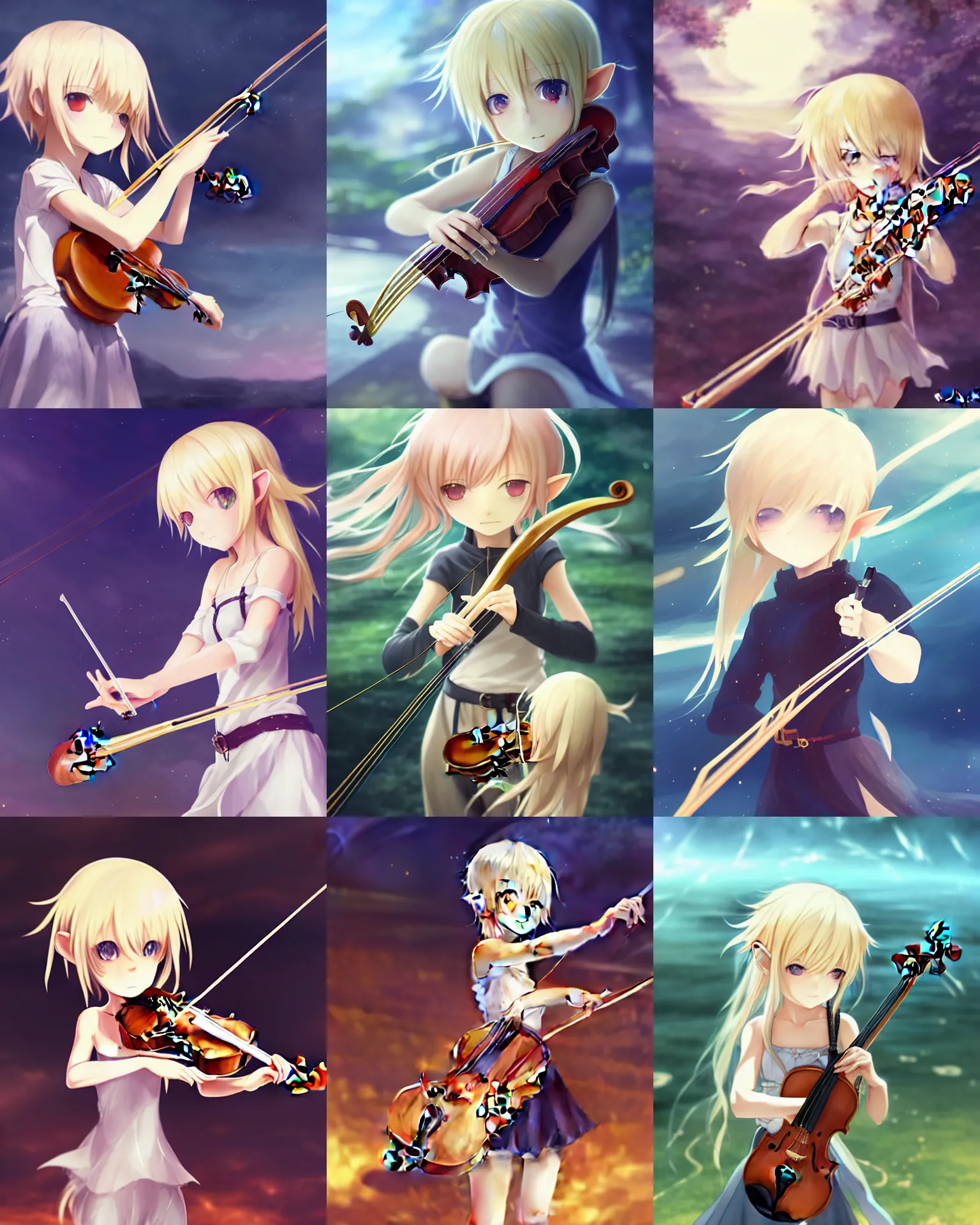 Prompt: chibi, cute, female, full body, elf girl with white skin and golden hair, holding a violin and playing a song, stunning art style, trending art, sharp focus, centered, landscape shot, fate zero, simple background, studio ghibly makoto shinkai yuji yamaguchi, by wlop