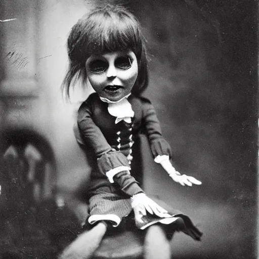 Image similar to ventriloquist doll, ventriloquist dummy, photo, surrealistic, creepy, dark, epic, cinematic, style of atget, detailed
